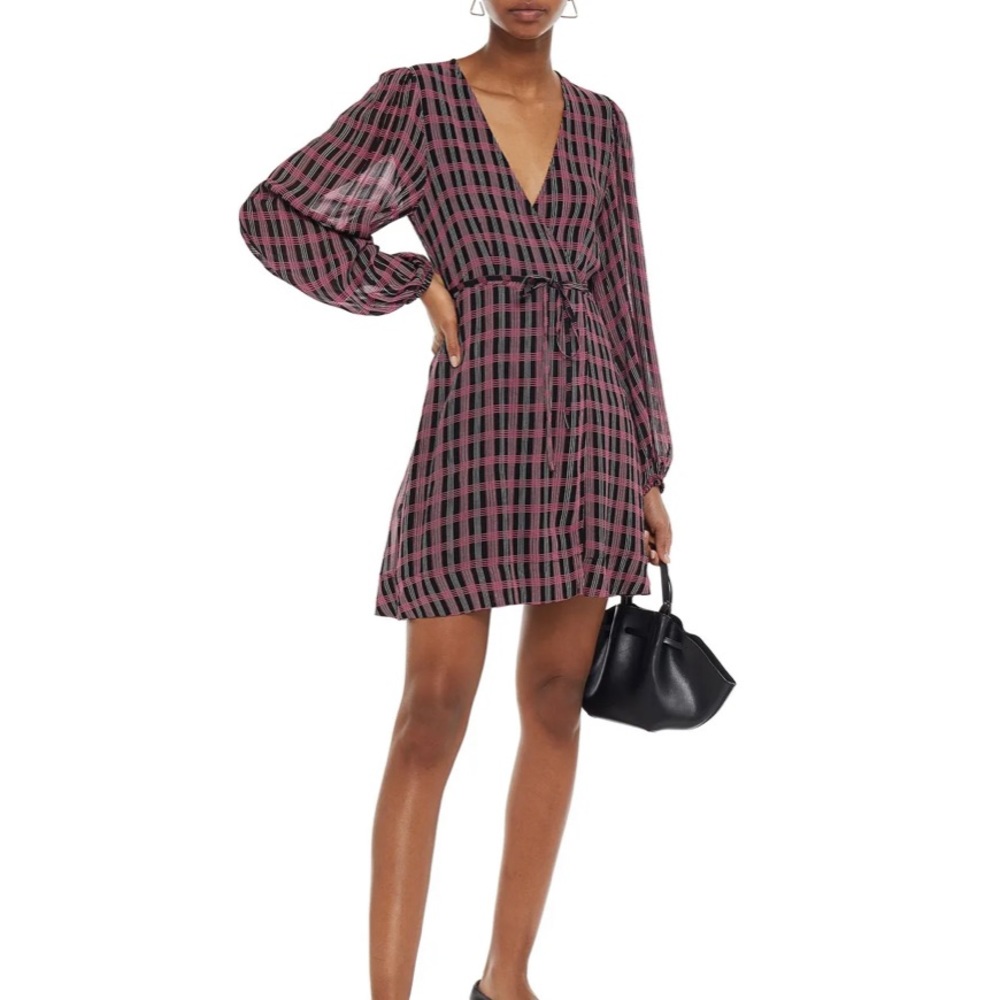 GANNI Checked Georgette Mini Wrap Dress - Plaid Long Sleeves Women’s Size 6 NEW